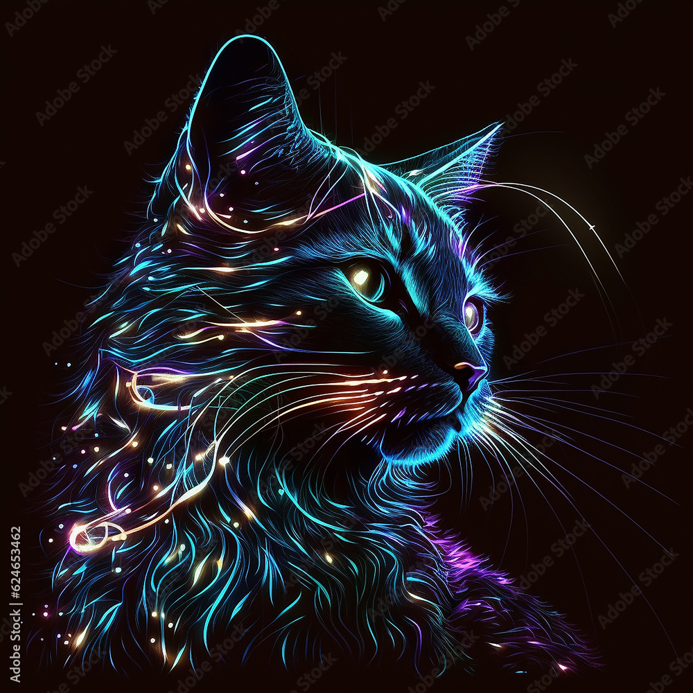 neon glow portrait of a cat on a black background. Generative AI