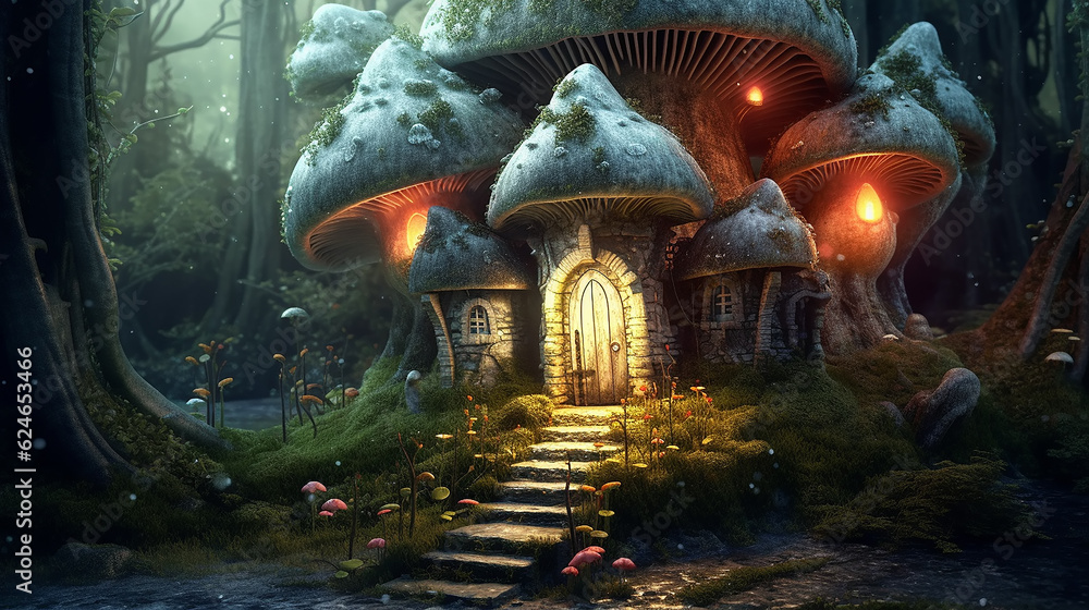 Fototapeta premium a small house made of mystical dream mushrooms. Generative AI