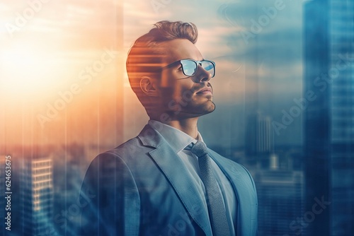 handsome young businessman in a suit on a background of skyscrapers