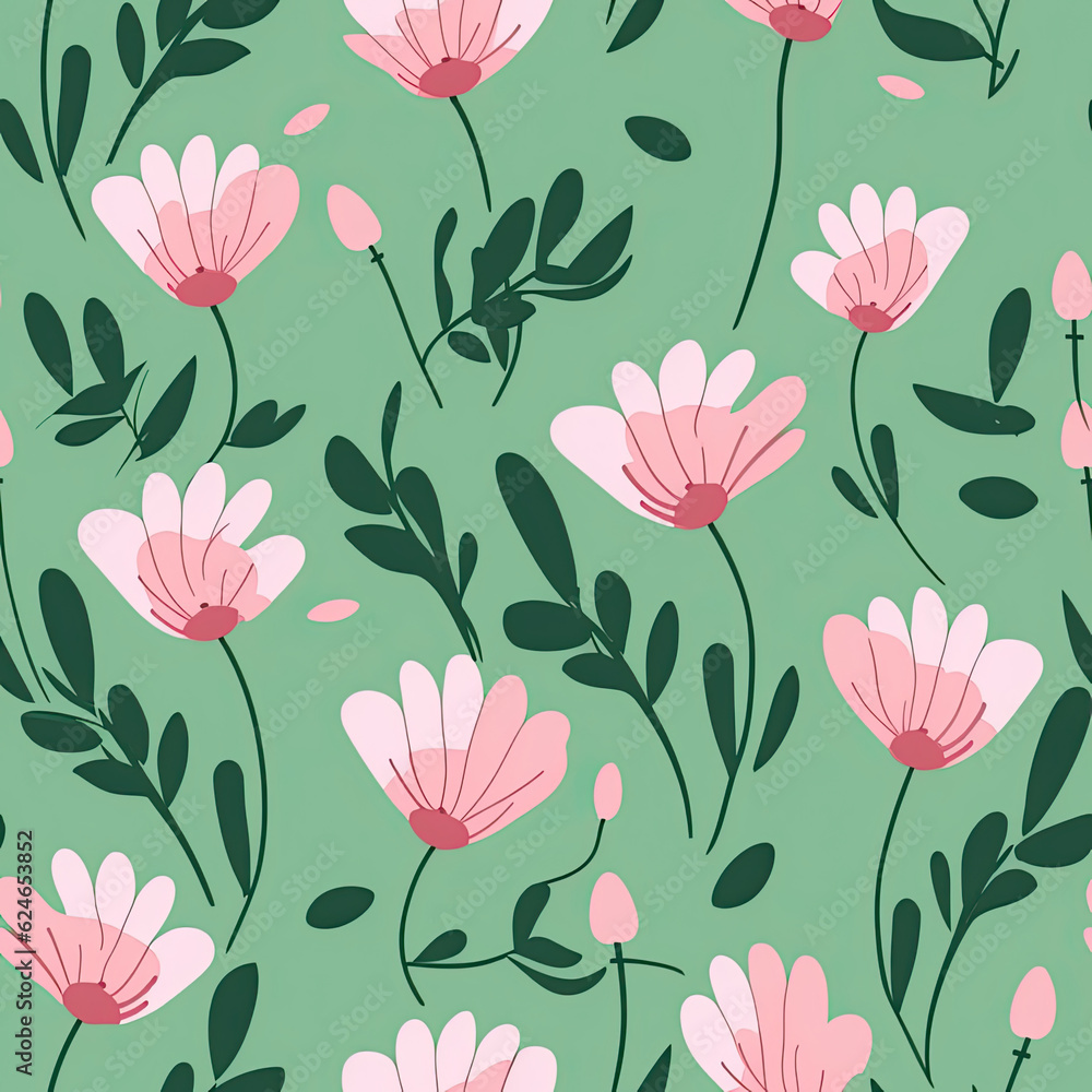 Green background with blossoming pink flowers seamless pattern