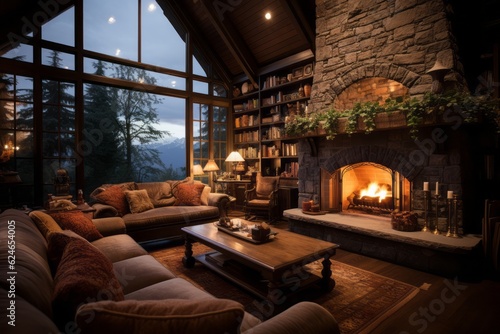 Cozy Fireplace In Living Room, Generative AI © ManusiaIkan