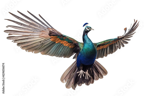 Image of peacock on a white background. Bird. Animals. Illustration, generative AI.