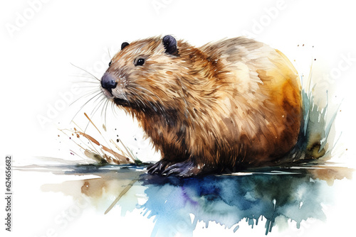 Watercolor painting of a beaver on a white background. Wildlife Animals. Illustration, Generative AI. photo