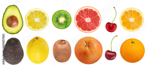 Collection of whole and cut fruits avocado, kiwi, grapefruit, cherry, orange and lemon on isiolar white background.