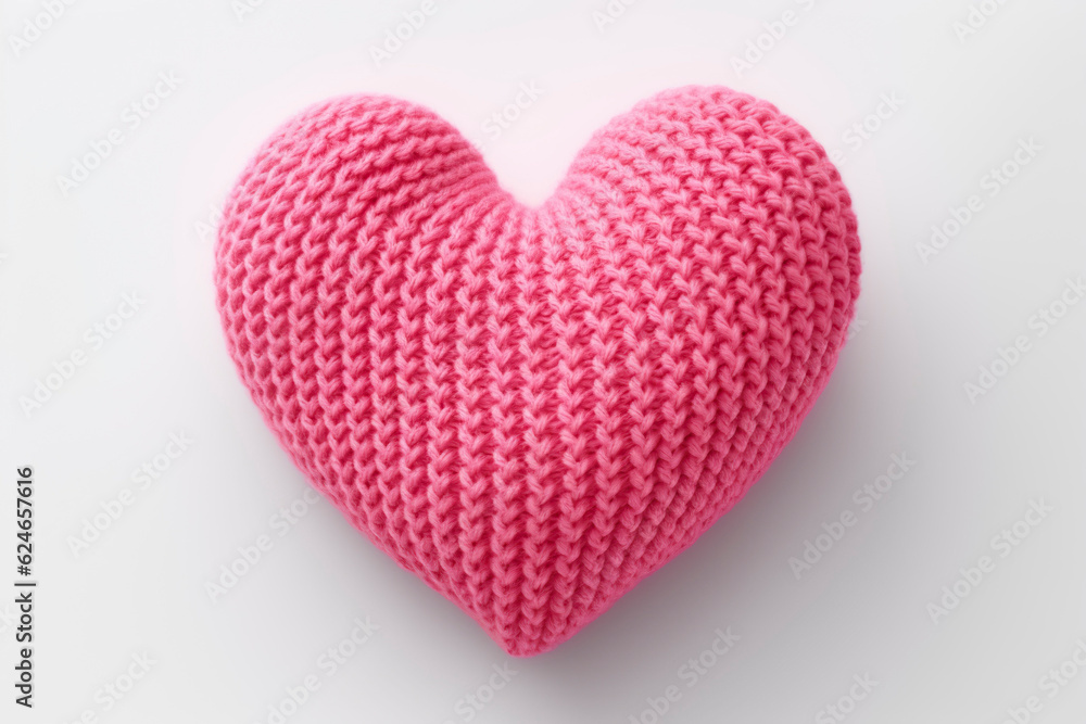 Pink knitted heart. Generative AI.