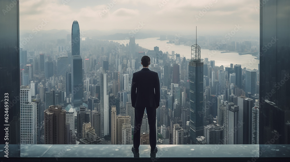 a man stands on the roof of a skyscraper overlooking the metropolis. Generative AI