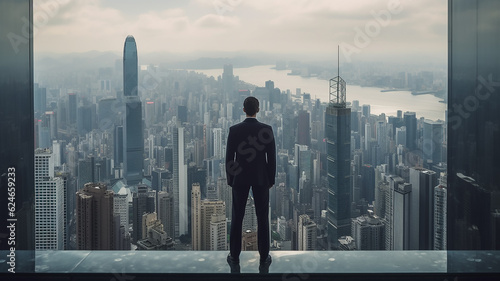a man stands on the roof of a skyscraper overlooking the metropolis. Generative AI
