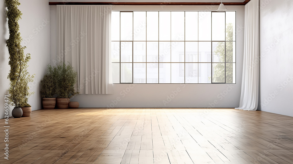 bright empty room hall with a large window and parquet, natural lighting. Generative AI bright empty room hall with a large window and parquet, natural lighting. Generative AI