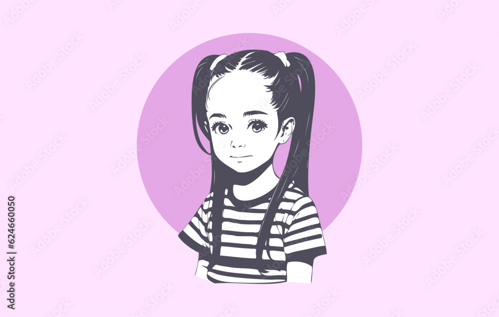 Vector portrait of a cute beautiful kawaii anime young girl in a striped t-shirt and long pigtails. Little lady. Pink background. Vector portrait of a cute beautiful kawaii anime young girl in a striped t-shirt and long pigtails. Little lady. Pink background.