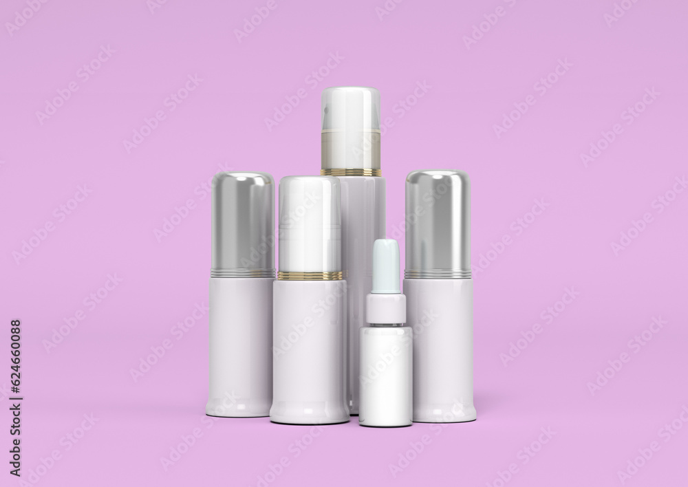 set of empty label packaging bottles for brand presentation 3d render on color background set of empty label packaging bottles for brand presentation 3d render on color background