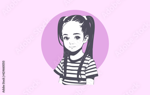 Vector portrait of a cute beautiful kawaii anime young girl in a striped t-shirt and long pigtails. Little lady. Pink background.