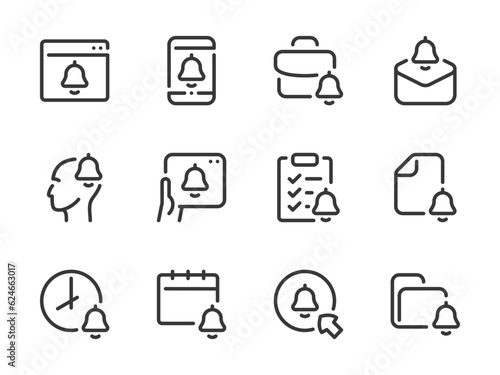 Bell and Notification vector line icons. Reminder and Momentooutline icon set. Announcement on the Website, Smartphone, Thoughts, Time, Document, Alarm and more.