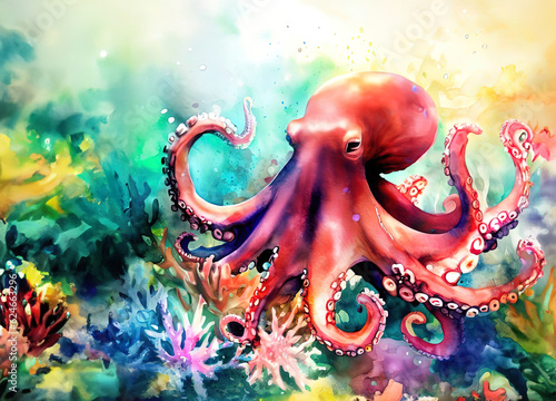 one octopus with various watercolor with Generative AI.
