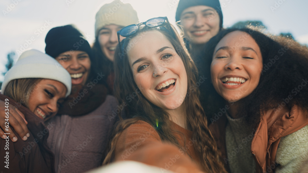 Obraz premium Group, women and peace sign for selfie in nature with diversity, love and emoji for post on web blog. Female people, photography and profile picture with social media, happy and together for camping