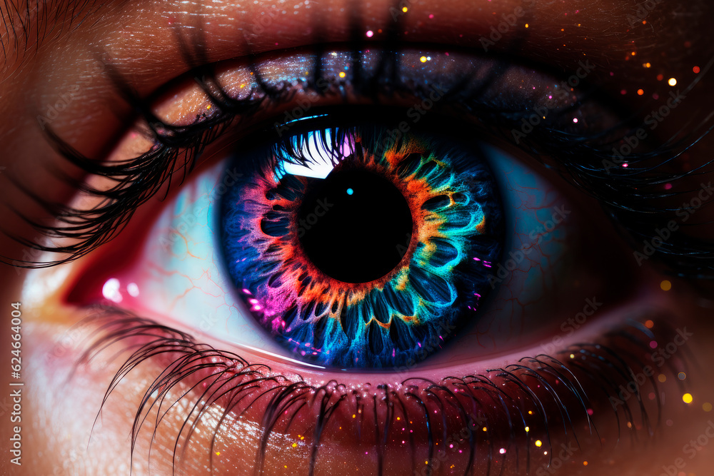 Eye with a cosmic nebula and colorful galaxy in eyeball.AI generated.