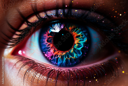 Eye with a cosmic nebula and colorful galaxy in eyeball.AI generated.