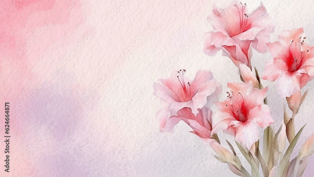 Abstract Floral Pink Gladiolus Flower Watercolor Background On Paper