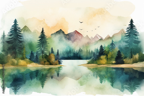 Mountains forests and a lake watercolor landscape background, Generative AI photo