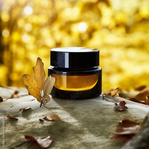 Amber glass cosmetic cream jar mockup, beauty product container front view template, styled creative cream jar mockup