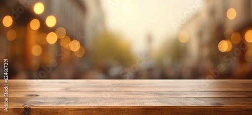 Product Showcase. Blurred Background with an Empty Wooden Counter and Copy Space