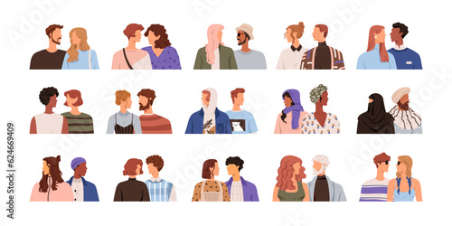 Couples set. Men, women look at each other and in opposite directions. Two characters together. People faces meet. Relationship concept. Flat graphic vector illustrations isolated on white background