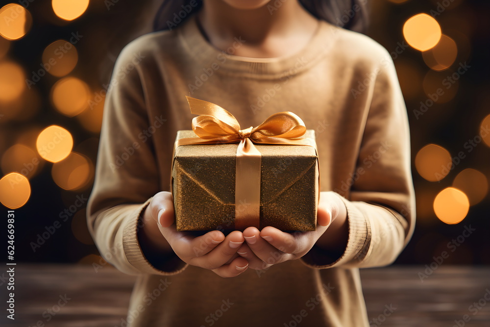 Girls Hand Offers a Gift Box, bokeh background