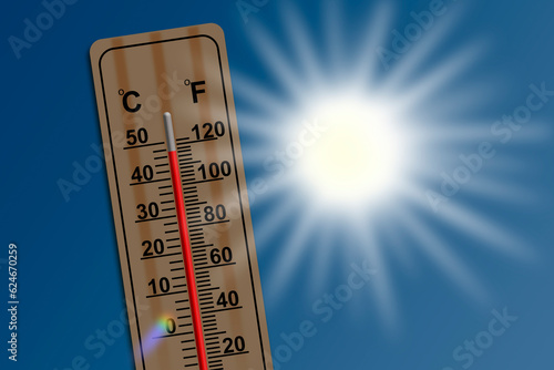 Ilustração com um termometro de madeira a assinalar 48 graus celcius de temperatura, muito calor