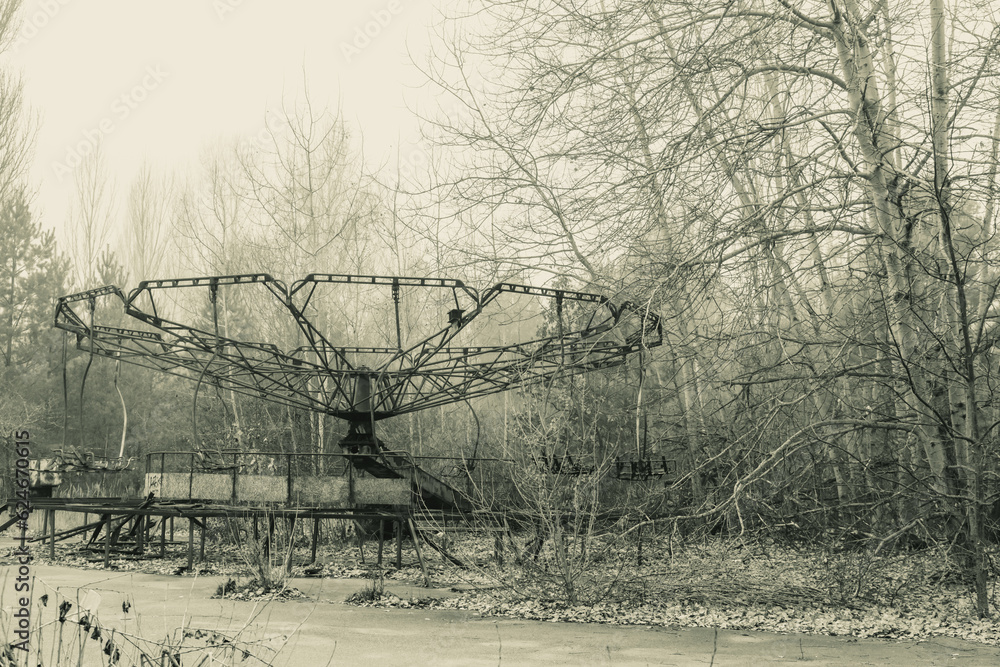 Carousel in abandoned amusement park in a ghost town Pripyat, Ukraine. Chornobyl exclusion zone