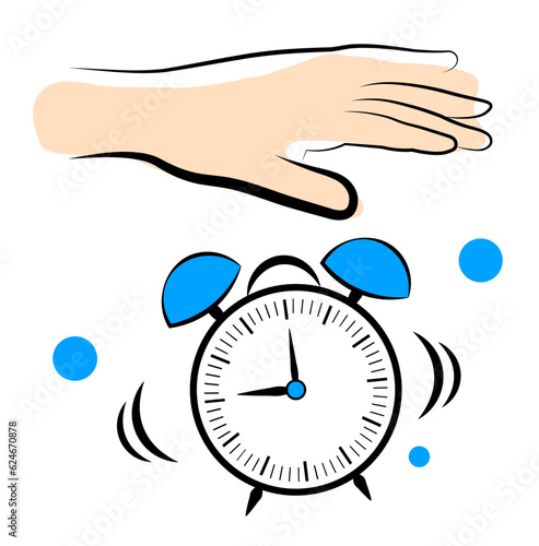 The hand turns off the alarm. It's time to get up. Good morning! Vector illustration in doodle style.