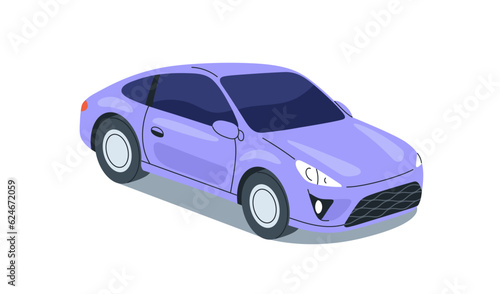 Passenger car. 2-door auto, coupe model. Sedan automobile. Automotive wheeled transport, road vehicle. Flat vector illustration isolated on white background