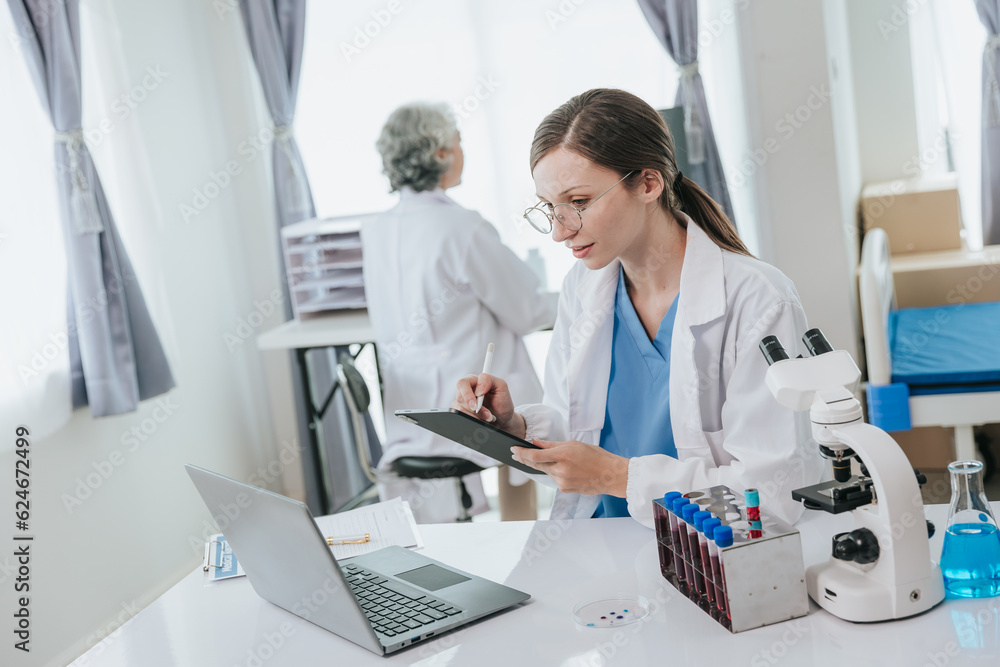 female scientist in the laboratory medical pharmacy or blood DNA engineering Dropper or scientific device to test health analysis or future vaccine innovation.