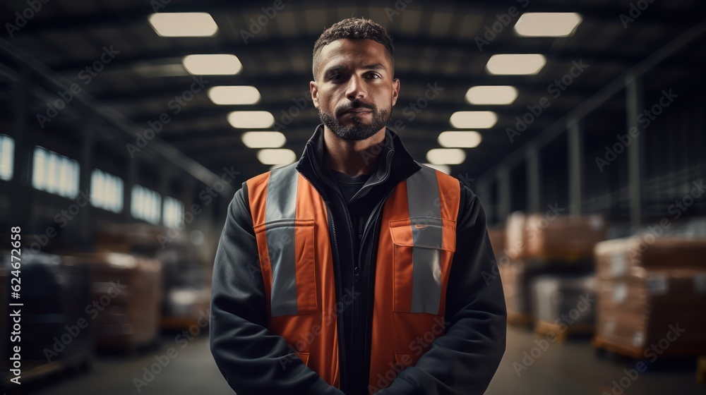 Portrait of worker warehouse standing in a retail warehouse full of shelves with boxes. Generative Ai. Portrait of worker warehouse standing in a retail warehouse full of shelves with boxes. Generative Ai.
