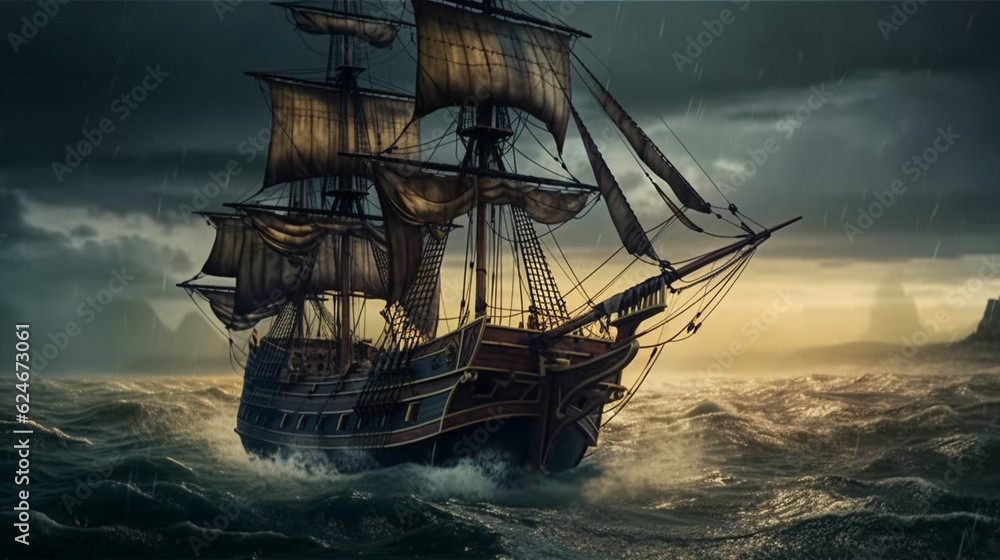 Pirate ship navigating during a storm