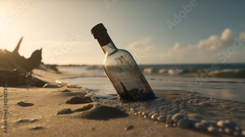 Bottle with a letter from the wreck. A bottle with a note floating in the ocean.