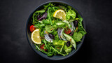 green food balanced diet, plate with green salad top view. Generative AI