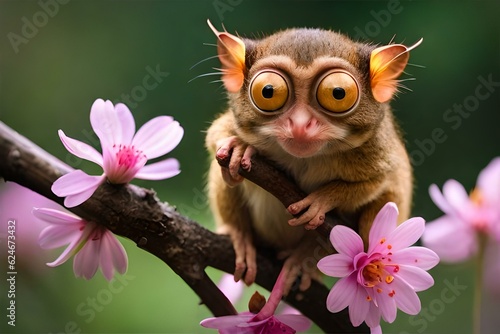 tarsier on the flowers stick.generated Ai technology