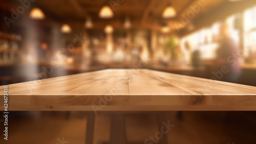 an empty tabletop podium in a restaurant with a blurred background with a copy of the evening bar space. Generative AI