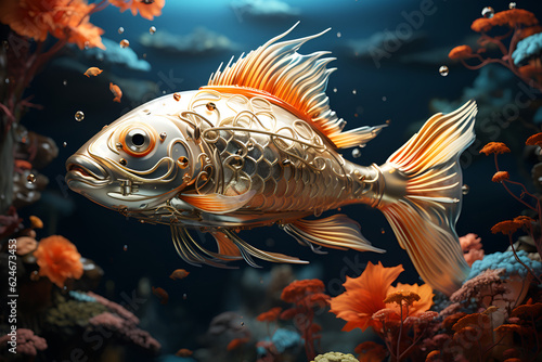 Golden Fish-robot in the sea, 3D, bright illustration, color postcard. Generated AI © Eugenia