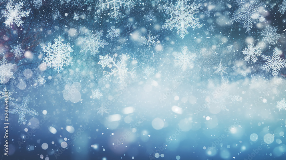 abstract blue  snowflakes falling winter weather blurred background. Generative AI
