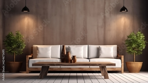minimalistic interior sofa in a bright room. Generative AI