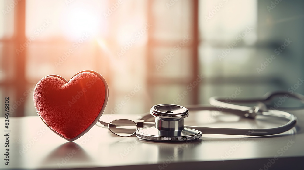stethoscope and heart model in a medical hospital. Generative AI stethoscope and heart model in a medical hospital. Generative AI