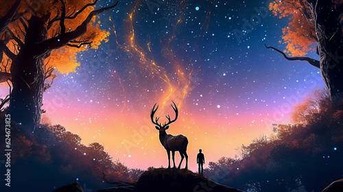 fantastic landscape lone deer fantasy style. dream fairy tale magic art. Generative AI