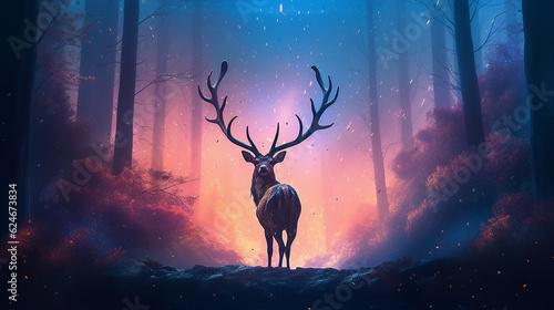fantastic landscape lone deer fantasy style. dream fairy tale magic art. Generative AI © kichigin19