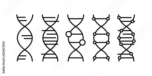 Black linear dna icons set. Concept of genetic engineering, study of the structure of the genome, change, cloning, biotechnology. graphic design, simple elements isolated on white background