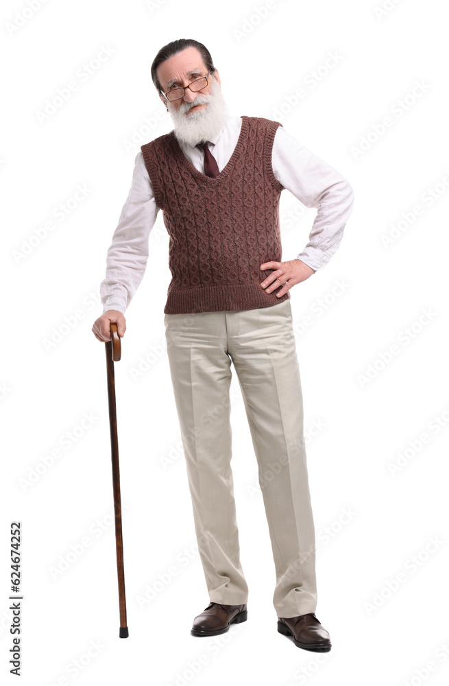Senior man with walking cane on white background Senior man with walking cane on white background