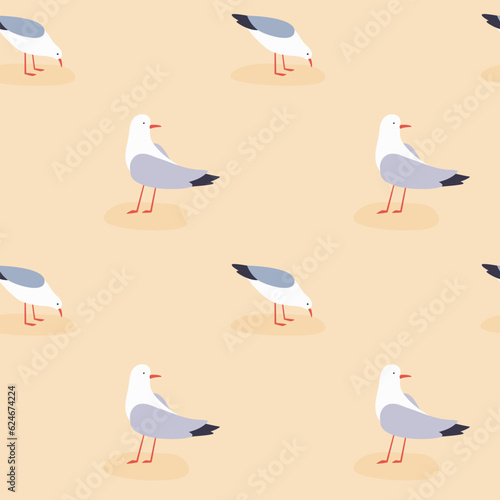 Pattern of seagulls on the shore walk on golden sand. Vector summer background