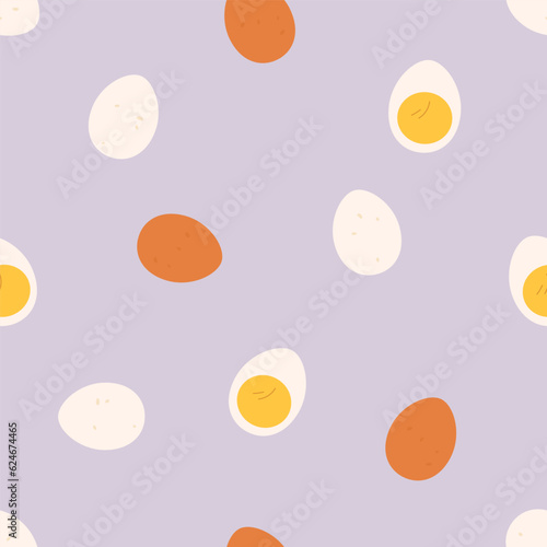 Boiled chicken eggs, seamless pattern. Whole and cut halves, protein and yolk...