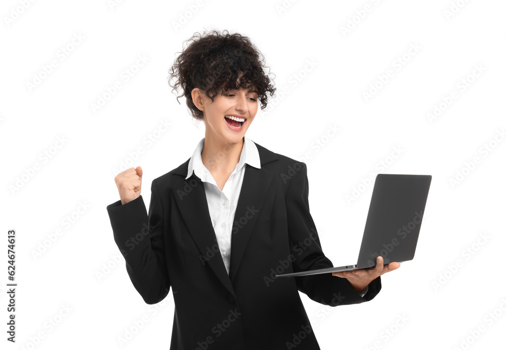 Beautiful emotional businesswoman using laptop on white background Beautiful emotional businesswoman using laptop on white background