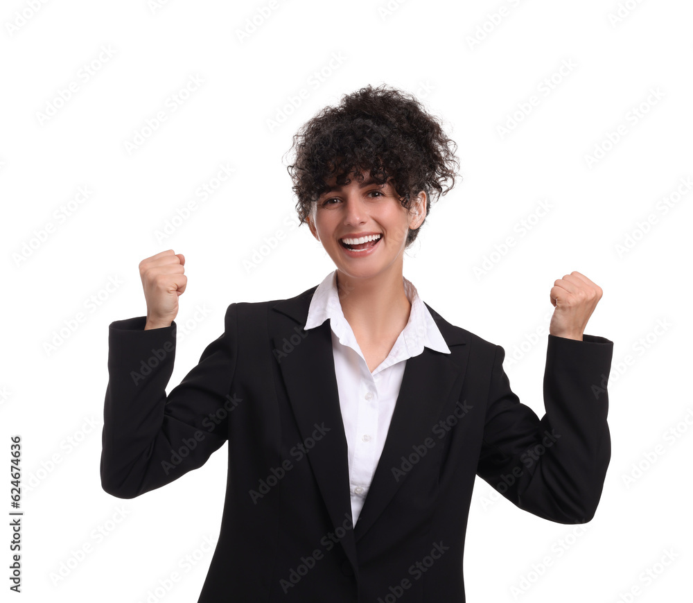 Beautiful emotional businesswoman in suit on white background Beautiful emotional businesswoman in suit on white background