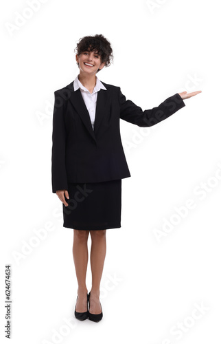 Beautiful happy businesswoman in suit on white background